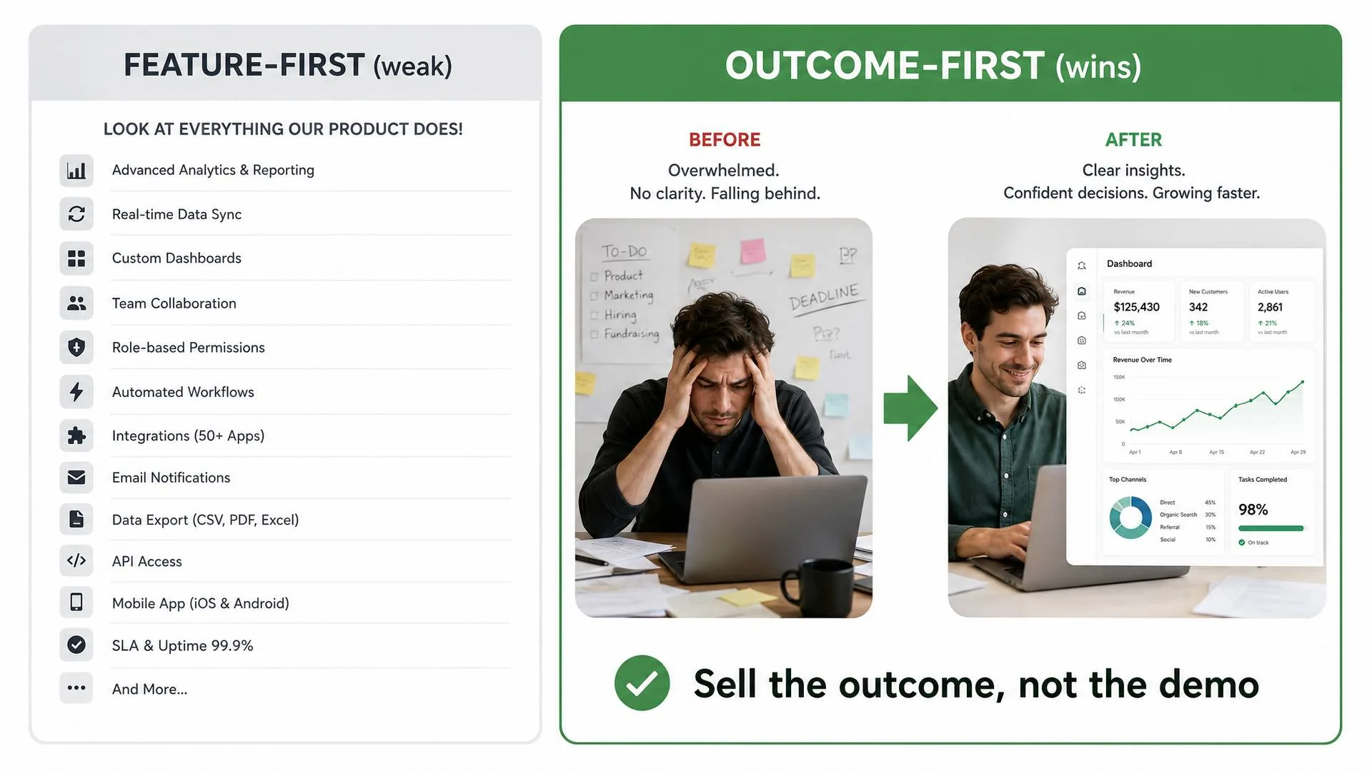Launch video comparison: feature-first weak list versus outcome-first before-and-after that sells the result